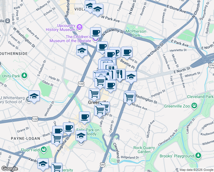 map of restaurants, bars, coffee shops, grocery stores, and more near 101 East Washington Street in Greenville