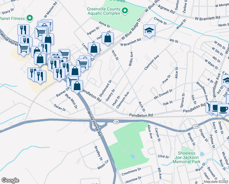 map of restaurants, bars, coffee shops, grocery stores, and more near 21 Gentry Street in Greenville