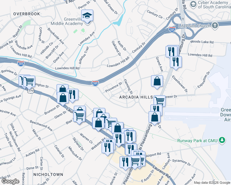 map of restaurants, bars, coffee shops, grocery stores, and more near 115 Cain River Alley in Greenville
