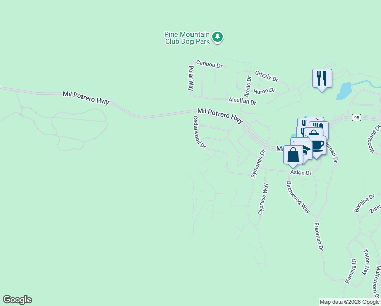 map of restaurants, bars, coffee shops, grocery stores, and more near 16812 Sandalwood in Pine Mountain Club