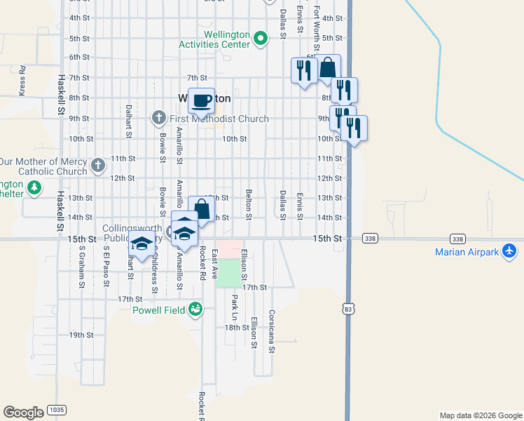 map of restaurants, bars, coffee shops, grocery stores, and more near 1201-1299 13th Street in Wellington