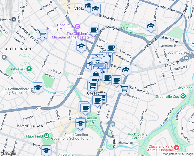 map of restaurants, bars, coffee shops, grocery stores, and more near 24 West Washington Street in Greenville