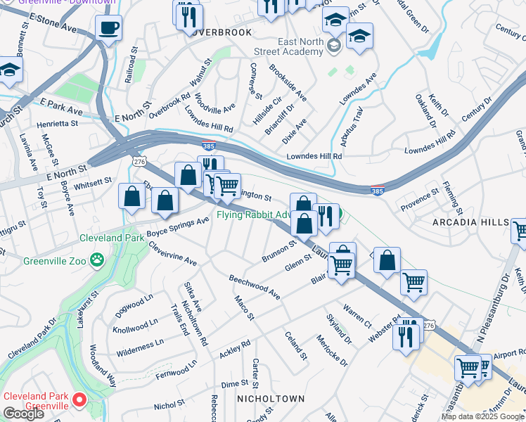 map of restaurants, bars, coffee shops, grocery stores, and more near 605 Laurens Road in Greenville