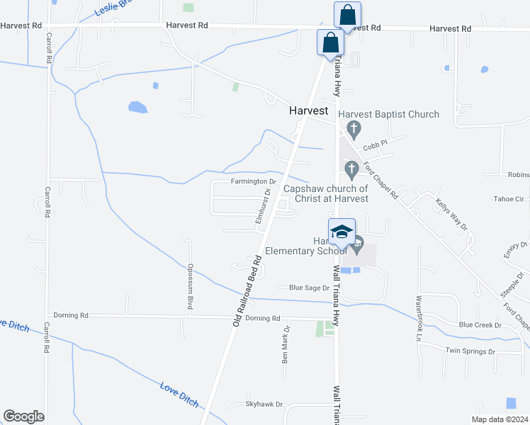 map of restaurants, bars, coffee shops, grocery stores, and more near 113 Elmhurst Drive in Harvest