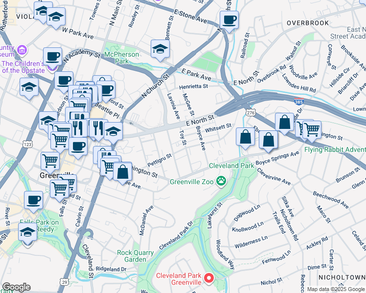 map of restaurants, bars, coffee shops, grocery stores, and more near 2 Whitsett Street in Greenville
