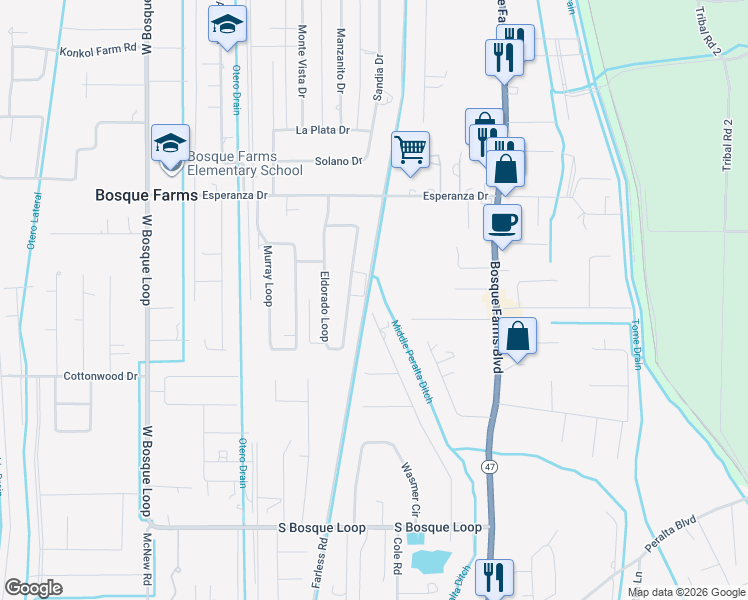 map of restaurants, bars, coffee shops, grocery stores, and more near 1670 Winchester Drive in Bosque Farms