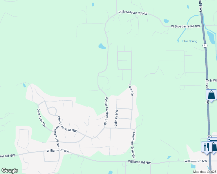 map of restaurants, bars, coffee shops, grocery stores, and more near 525 Broadacre Road Northwest in Dalton