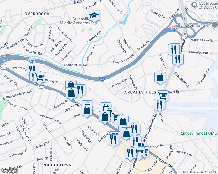 map of restaurants, bars, coffee shops, grocery stores, and more near 195 Woodlark Street in Greenville