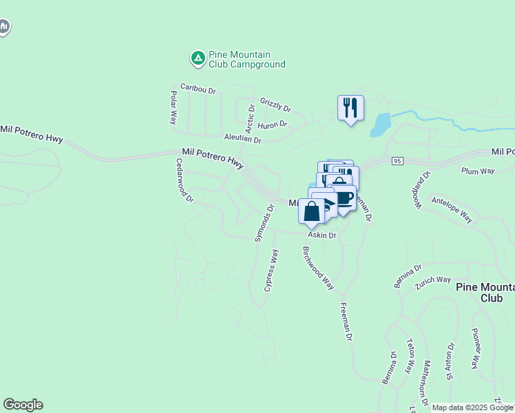map of restaurants, bars, coffee shops, grocery stores, and more near 16508 Mil Potrero Highway in Pine Mountain Club