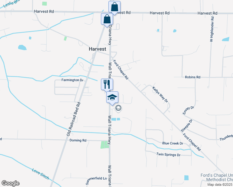 map of restaurants, bars, coffee shops, grocery stores, and more near 8941 Wall Triana Highway in Harvest