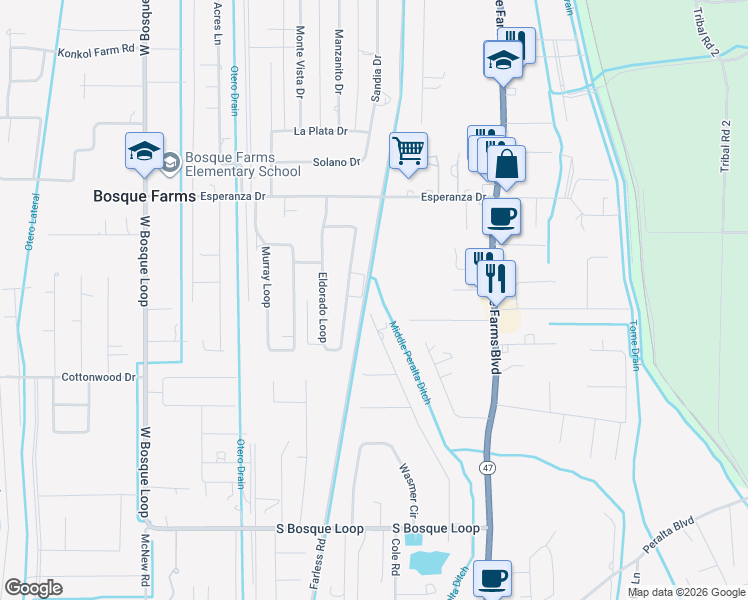 map of restaurants, bars, coffee shops, grocery stores, and more near 1670 Winchester Drive in Bosque Farms