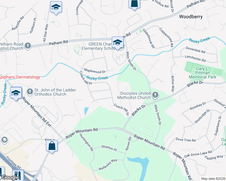 map of restaurants, bars, coffee shops, grocery stores, and more near 29 Fieldstone Place in Greenville