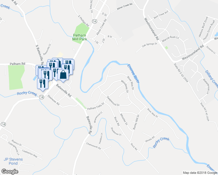 map of restaurants, bars, coffee shops, grocery stores, and more near 111 Woodway Drive in Greer