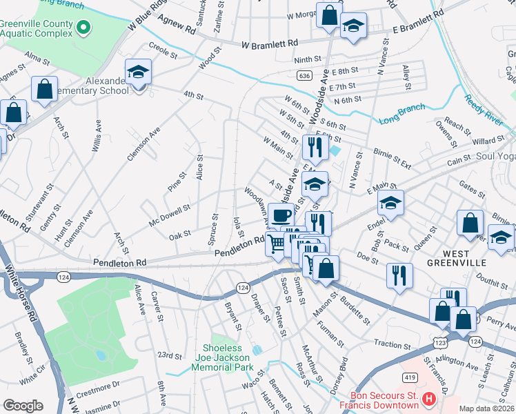 map of restaurants, bars, coffee shops, grocery stores, and more near 2 Marion Street in Greenville