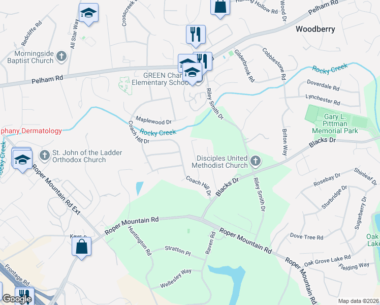 map of restaurants, bars, coffee shops, grocery stores, and more near 29 Fieldstone Place in Greenville