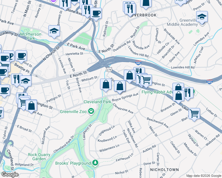 map of restaurants, bars, coffee shops, grocery stores, and more near 14 Traxler Street in Greenville