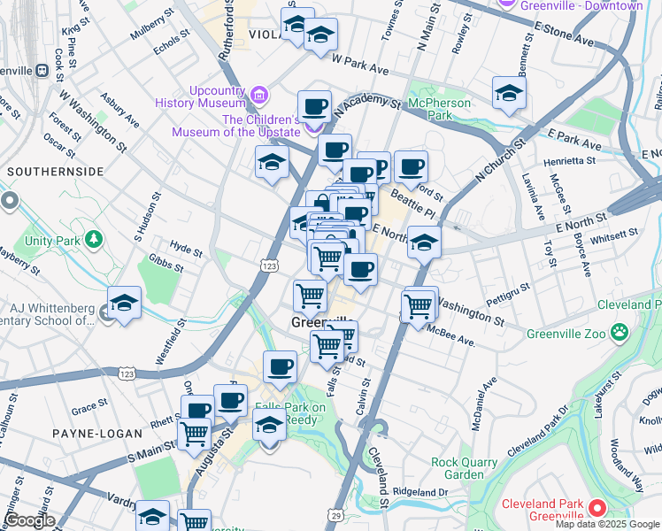 map of restaurants, bars, coffee shops, grocery stores, and more near 24 West Washington Street in Greenville