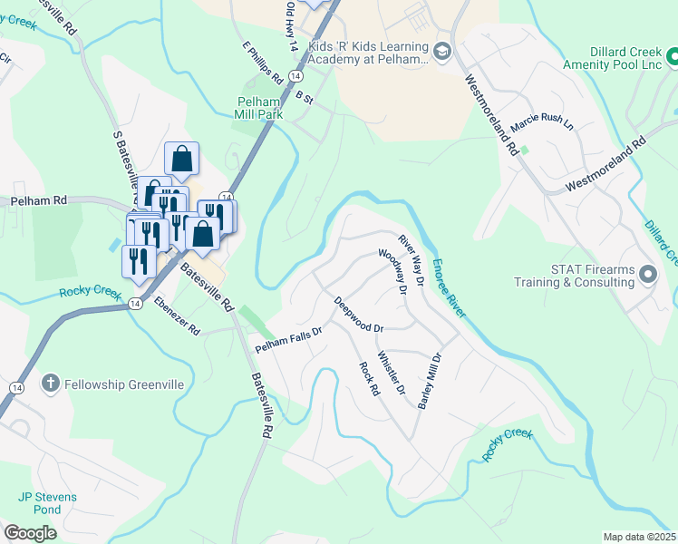 map of restaurants, bars, coffee shops, grocery stores, and more near 110 Woodway Drive in Greer