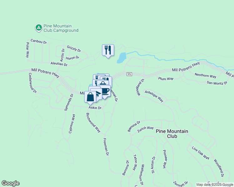 map of restaurants, bars, coffee shops, grocery stores, and more near 2420 Freeman Drive in Pine Mountain Club