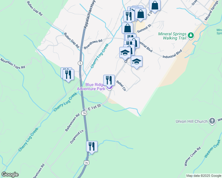map of restaurants, bars, coffee shops, grocery stores, and more near 2117 E 1st St in Blue Ridge