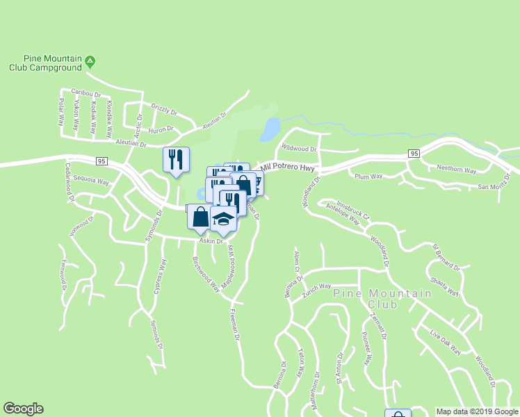 map of restaurants, bars, coffee shops, grocery stores, and more near 2504 Brentwood Place in Pine Mountain Club