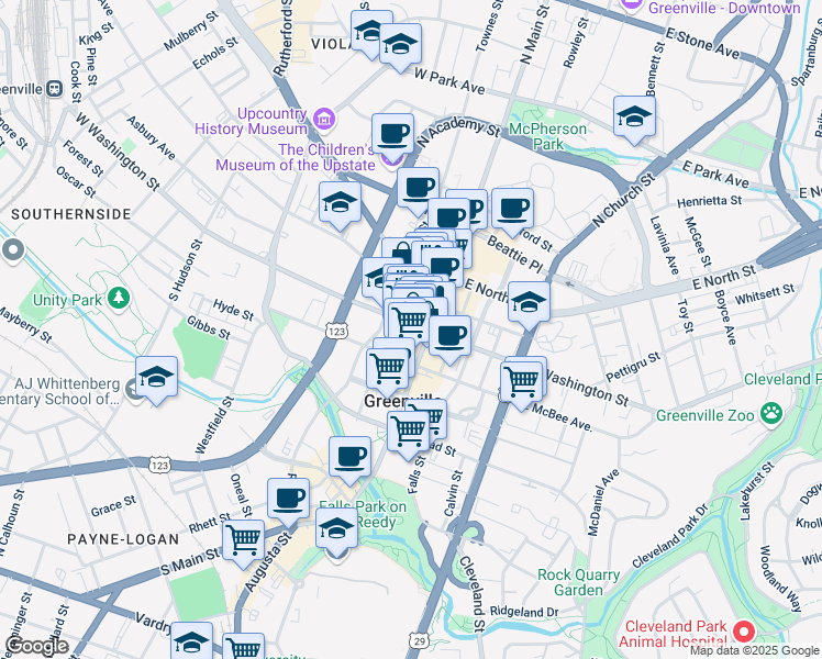 map of restaurants, bars, coffee shops, grocery stores, and more near 24 West Washington Street in Greenville