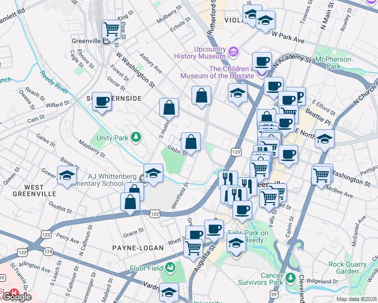 map of restaurants, bars, coffee shops, grocery stores, and more near 106 Gibbs Street in Greenville