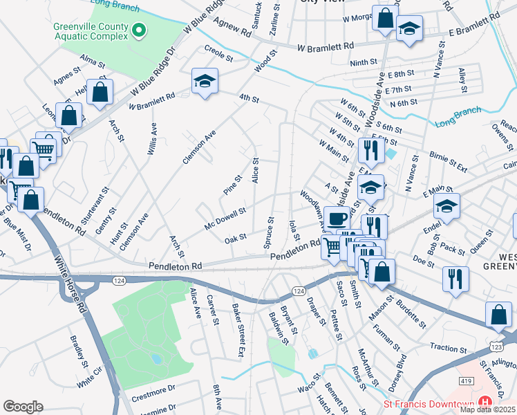 map of restaurants, bars, coffee shops, grocery stores, and more near 12 Alice Street in Greenville
