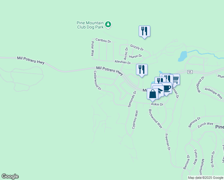 map of restaurants, bars, coffee shops, grocery stores, and more near 2426 Cedarwood Drive in Pine Mountain Club