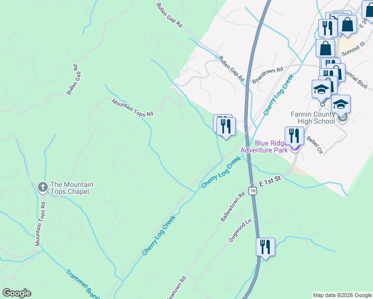 map of restaurants, bars, coffee shops, grocery stores, and more near 201 Minnehaha Trail in Blue Ridge