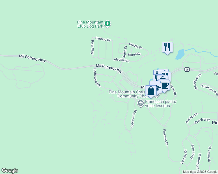 map of restaurants, bars, coffee shops, grocery stores, and more near 2428 Cedarwood Drive in Pine Mountain Club