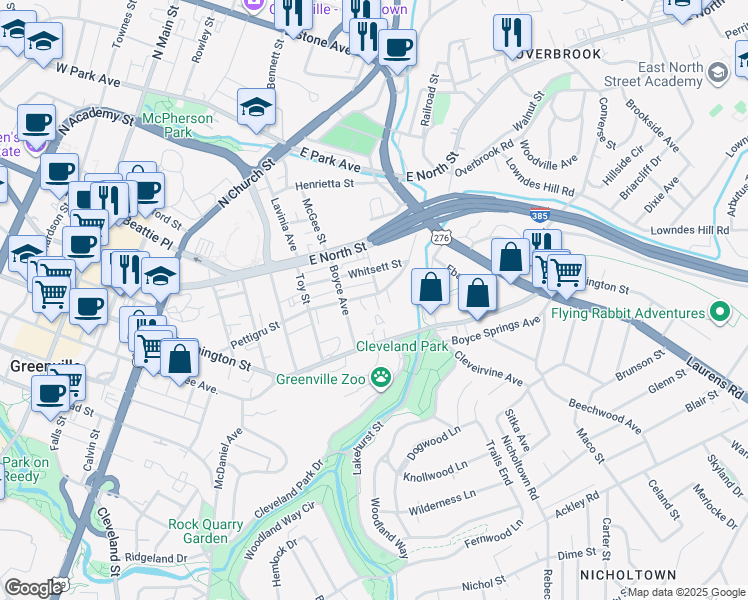 map of restaurants, bars, coffee shops, grocery stores, and more near 514 Pettigru Street in Greenville