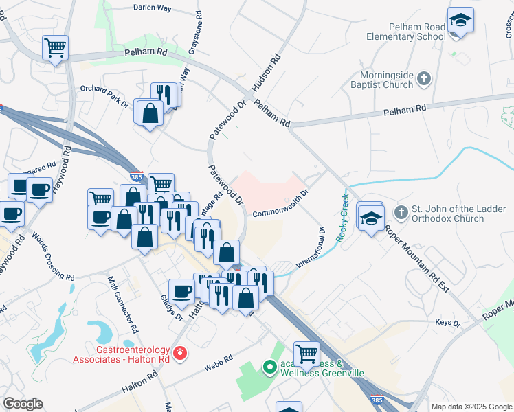 map of restaurants, bars, coffee shops, grocery stores, and more near 125 Commonwealth Drive in Greenville