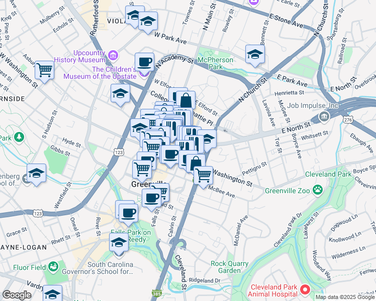 map of restaurants, bars, coffee shops, grocery stores, and more near 106 East Coffee Street in Greenville