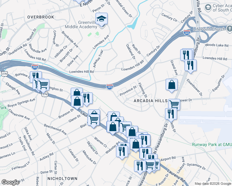 map of restaurants, bars, coffee shops, grocery stores, and more near 195 Woodlark Street in Greenville