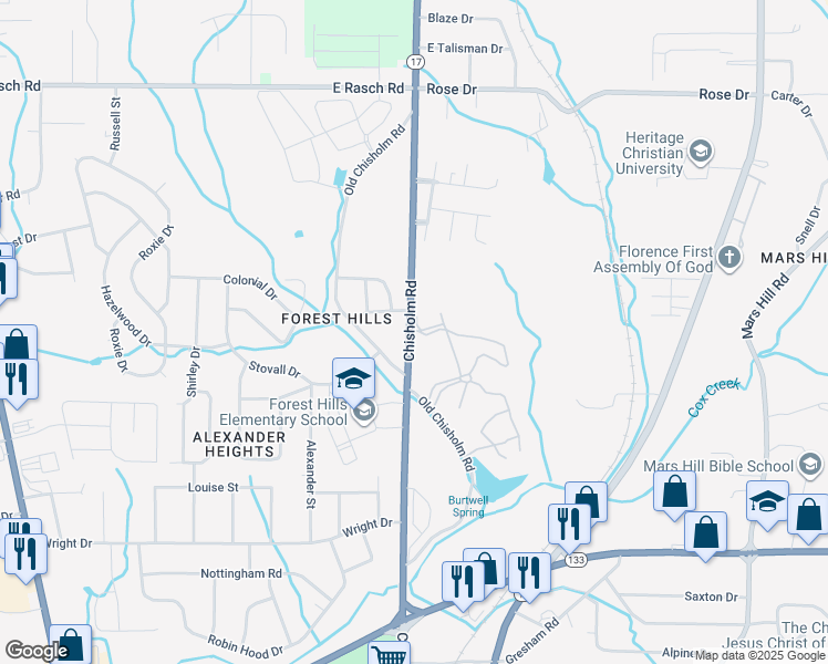 map of restaurants, bars, coffee shops, grocery stores, and more near 3400-3466 Chisholm Road in Florence