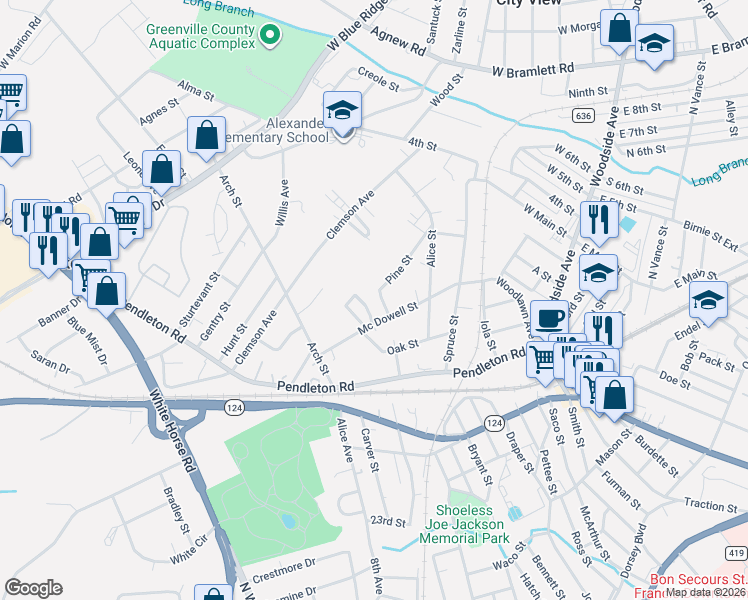 map of restaurants, bars, coffee shops, grocery stores, and more near 25 Pine Street in Greenville