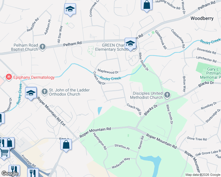 map of restaurants, bars, coffee shops, grocery stores, and more near 22 Olde Orchard Lane in Greenville