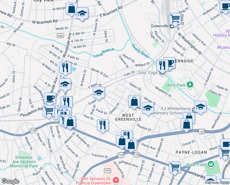 map of restaurants, bars, coffee shops, grocery stores, and more near 504 Gower Street in Greenville