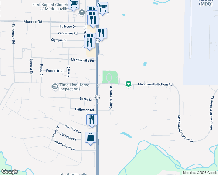map of restaurants, bars, coffee shops, grocery stores, and more near 111 Claybill Drive in Meridianville