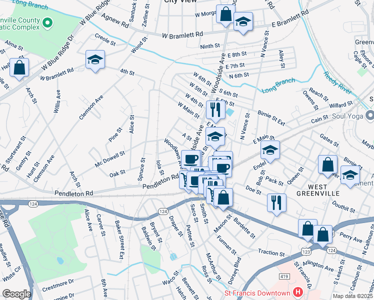 map of restaurants, bars, coffee shops, grocery stores, and more near 11 Woodside Ave in Greenville