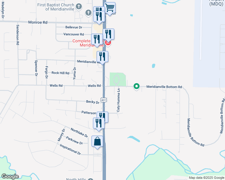 map of restaurants, bars, coffee shops, grocery stores, and more near 110 Claybill Drive in Meridianville