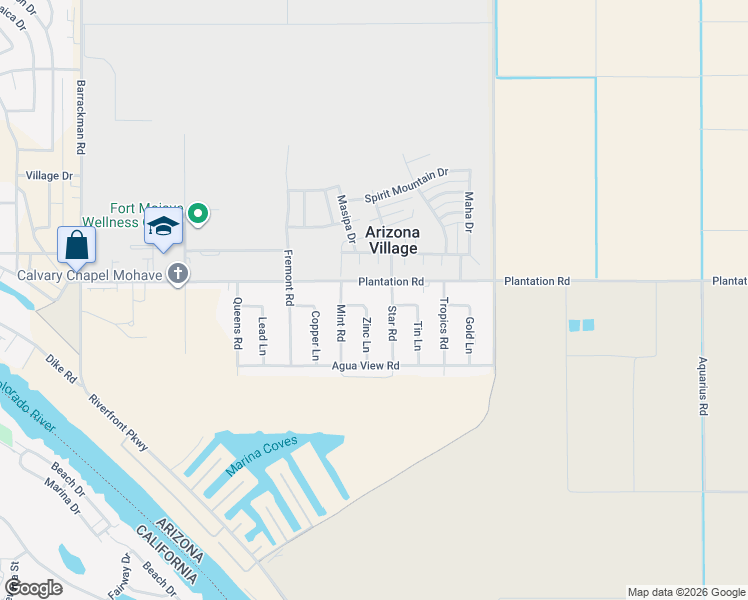 map of restaurants, bars, coffee shops, grocery stores, and more near 10508 Zinc Lane in Mohave Valley