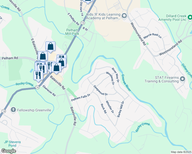 map of restaurants, bars, coffee shops, grocery stores, and more near 110 Woodway Drive in Greer