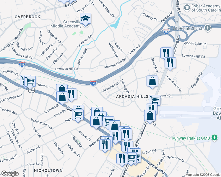 map of restaurants, bars, coffee shops, grocery stores, and more near 101 Provence Street in Greenville