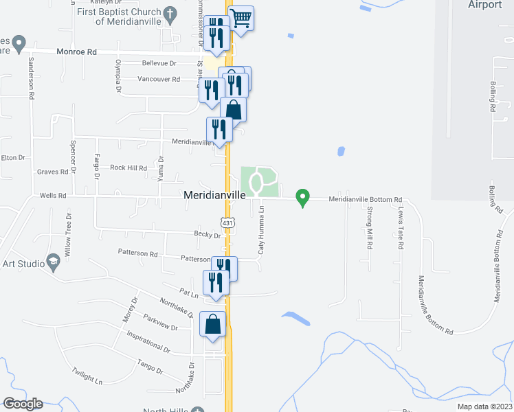map of restaurants, bars, coffee shops, grocery stores, and more near 111 Claybill Drive in Meridianville
