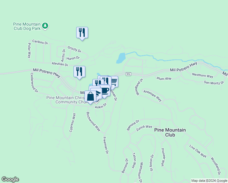 map of restaurants, bars, coffee shops, grocery stores, and more near 2424 Freeman Drive in Pine Mountain Club