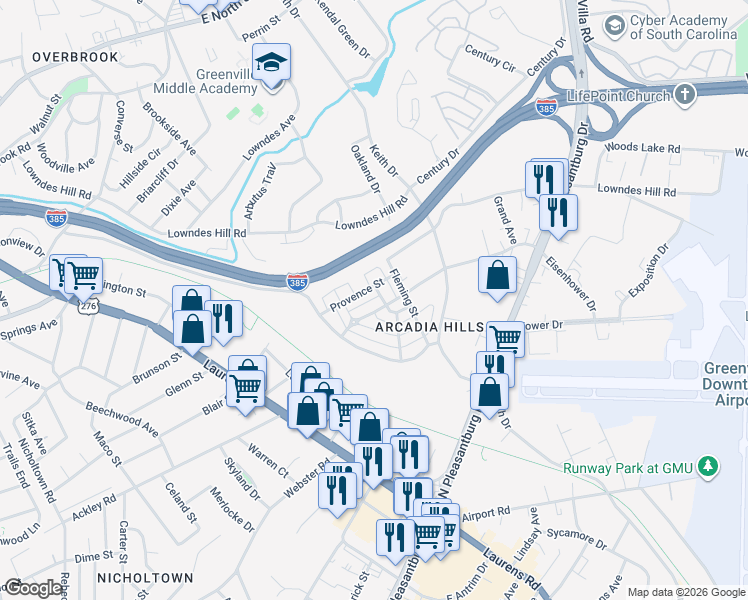 map of restaurants, bars, coffee shops, grocery stores, and more near 115 Cain River Alley in Greenville