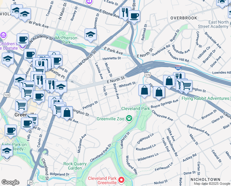 map of restaurants, bars, coffee shops, grocery stores, and more near 415 Pettigru Street in Greenville