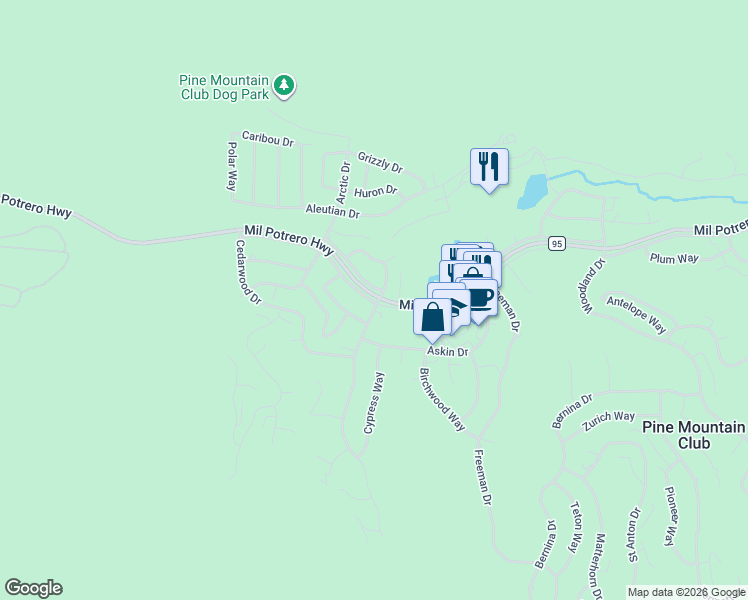 map of restaurants, bars, coffee shops, grocery stores, and more near Mil Potrero Frontage Road in Pine Mountain Club